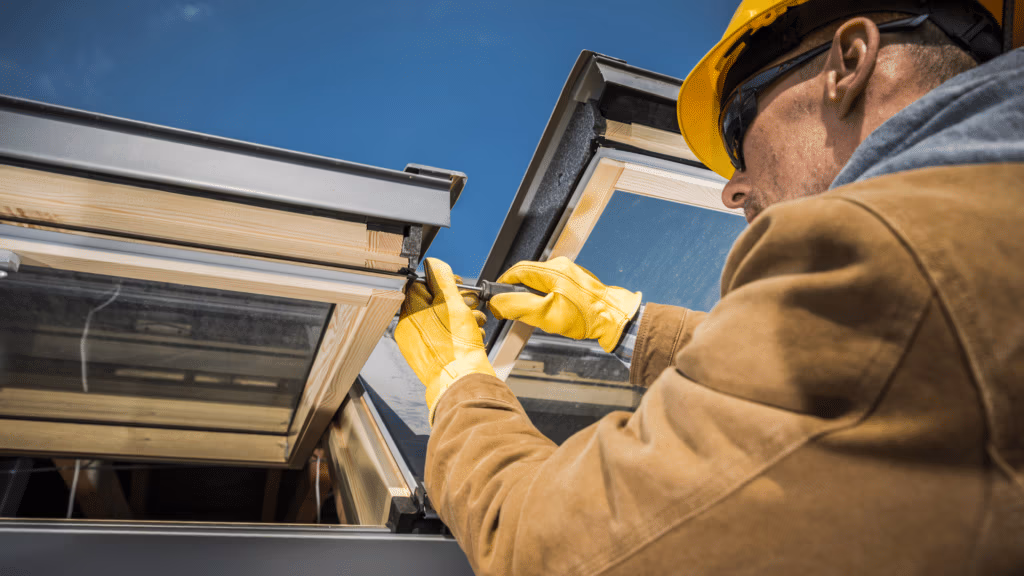Tradesman in hard hat installing a roof skylight window, UK construction