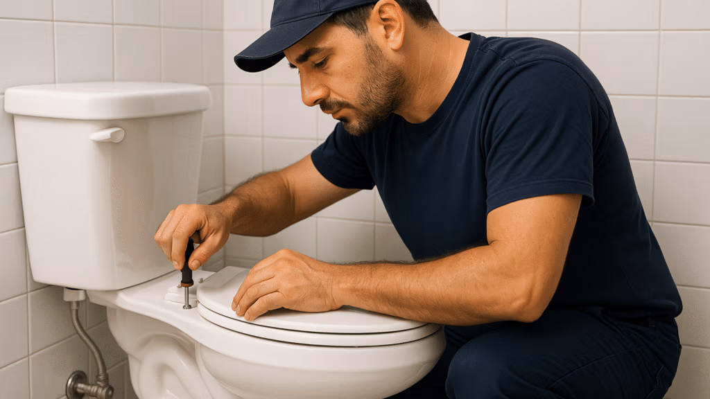 uk upkeep worker fixing toilet in bathroom renovation