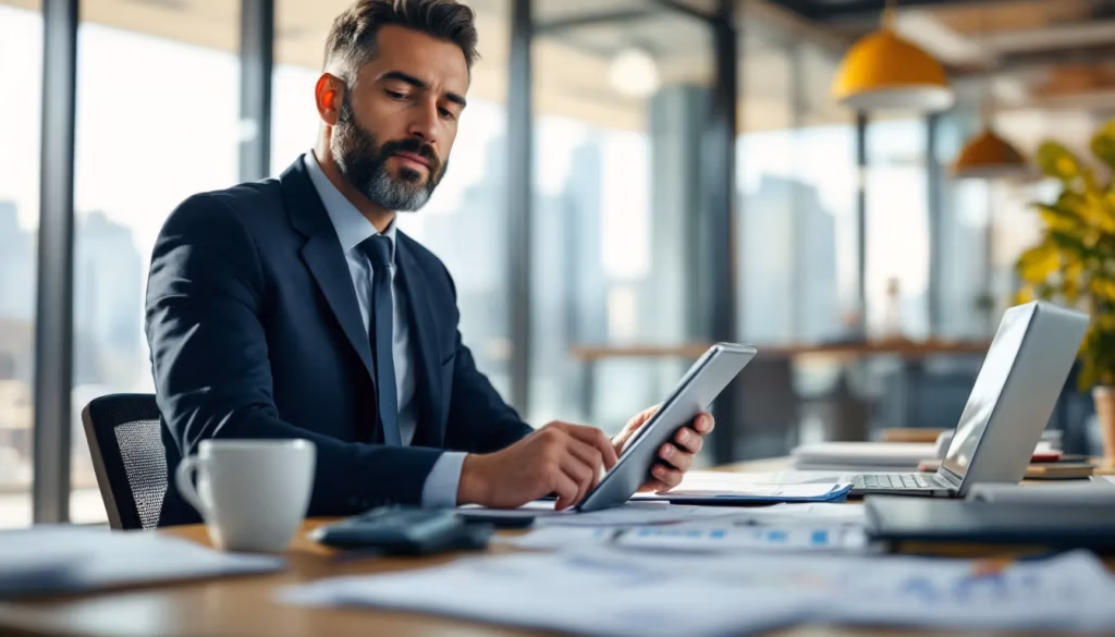 A property manager is focused on reviewing maintenance costs and schedules on a tablet, ensuring that property maintenance services are efficiently managed for commercial properties. This proactive approach helps prevent costly repairs and maintain the structural integrity and safety standards of the properties under their care.