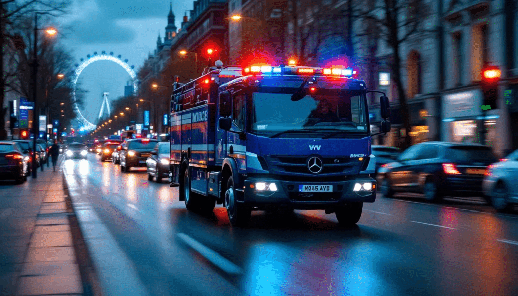An emergency maintenance vehicle is seen responding to an urgent call in London, equipped with tools and resources to address immediate maintenance issues for commercial properties. This rapid response highlights the importance of professional property maintenance services in ensuring safety and structural integrity for property owners and tenants alike.