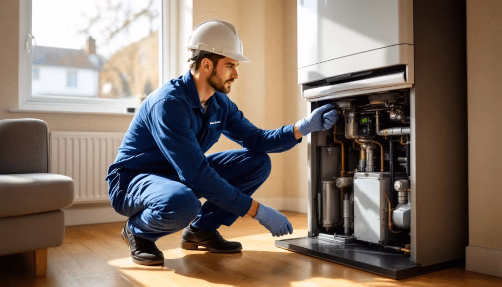 A maintenance technician is actively servicing a residential heating system in a London home, ensuring the property remains safe and efficient. This professional expertise is part of a comprehensive property maintenance service that addresses potential issues and helps prevent costly repairs for property owners.