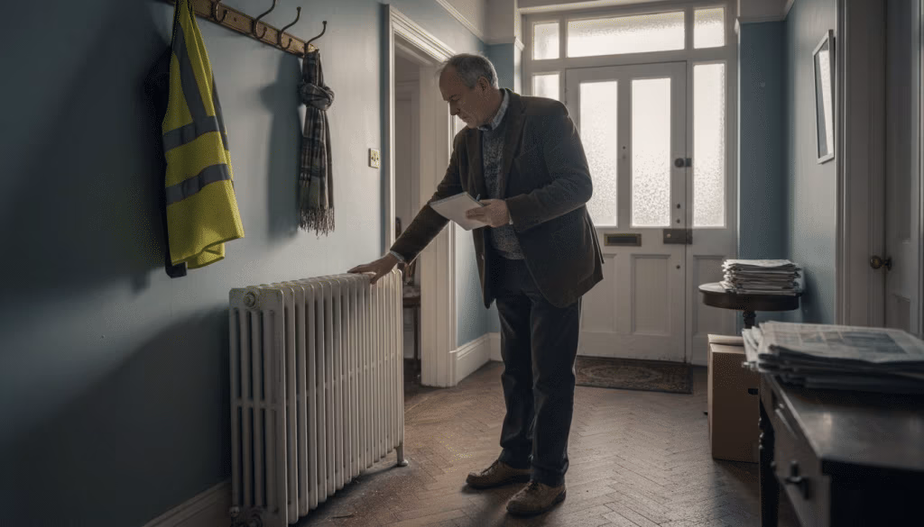 Landlord inspecting radiator in rental flat