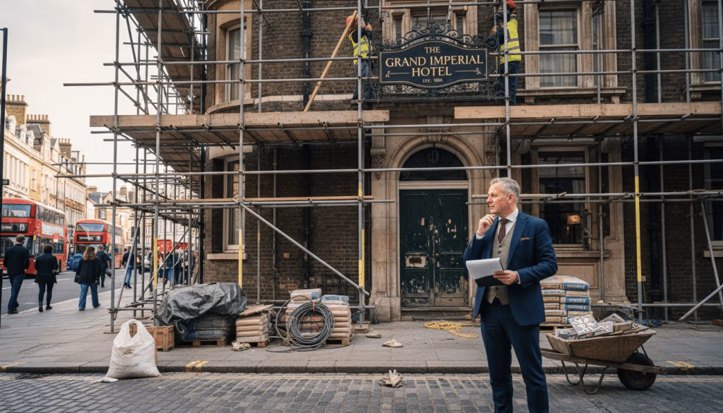 Hotel manager overseeing exterior refurbishment