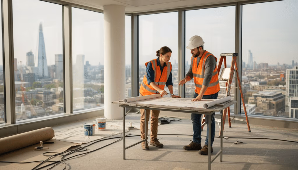 Project manager and contractor review refurbishment plans