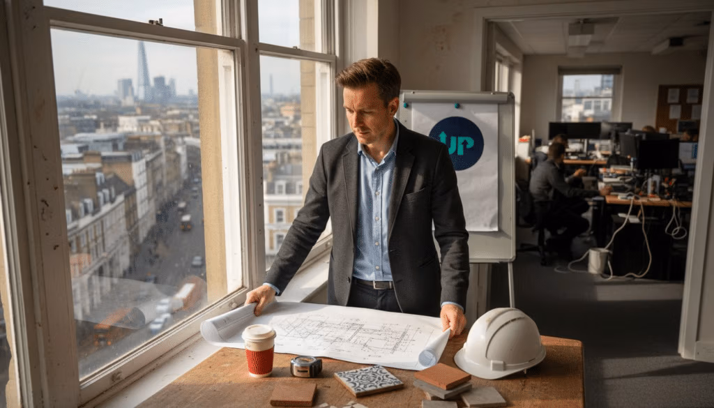 Project manager reviews refurbishment plans in London office