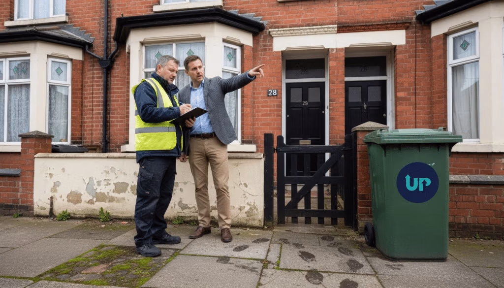 Landlord and worker inspecting UK property exterior