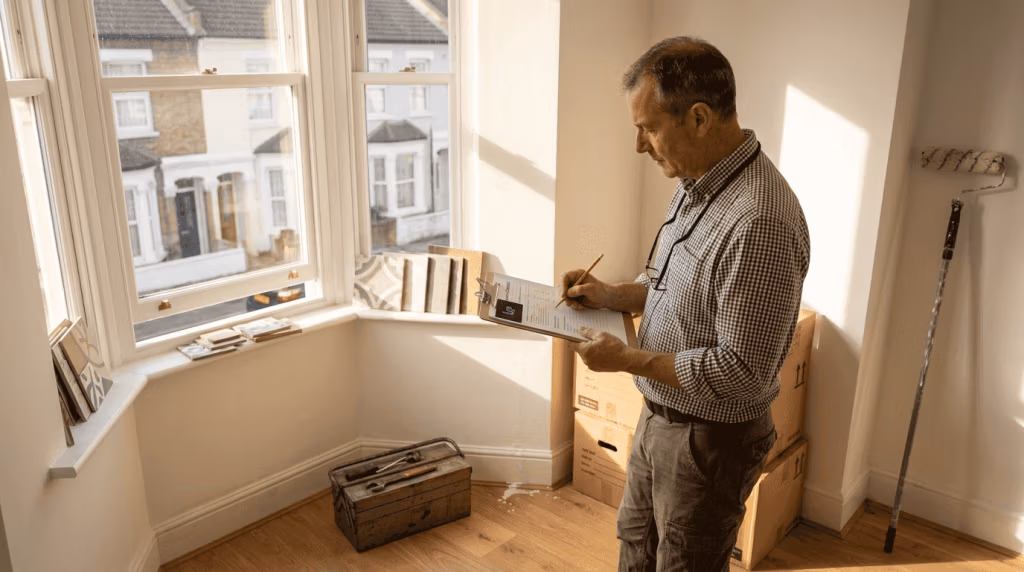 Landlord inspecting refurbished lounge with clipboard