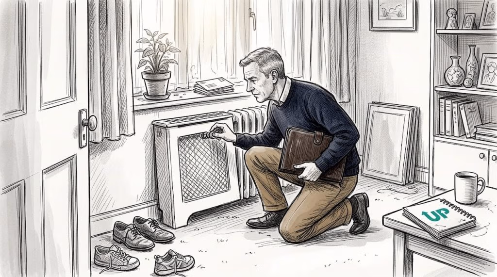 UK property manager inspects radiator during visit