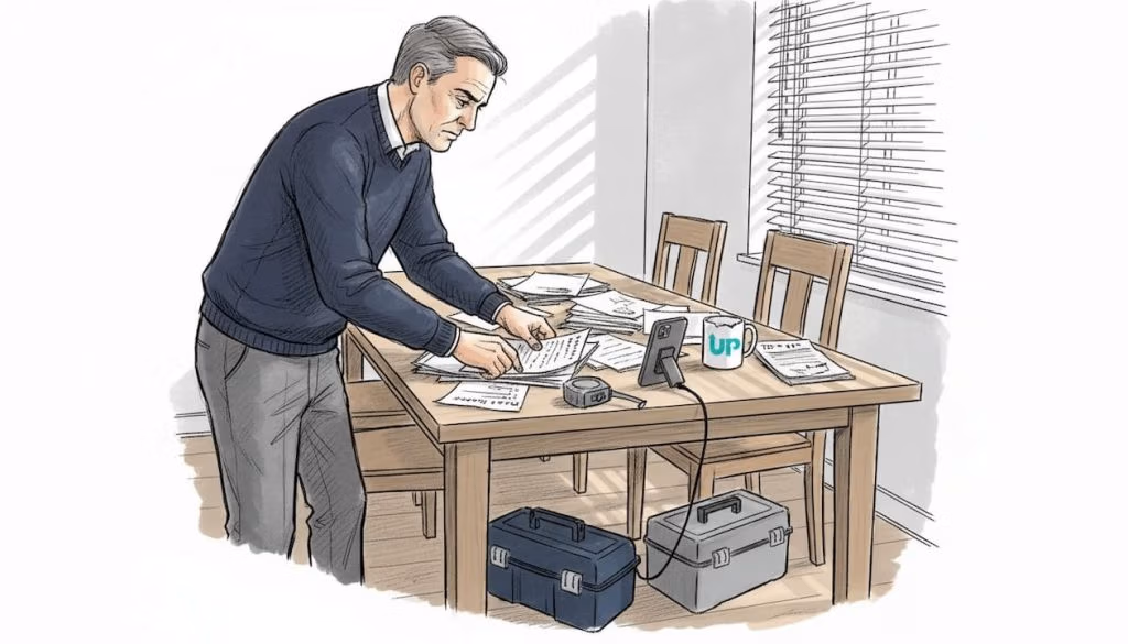 Landlord reviewing property repair documents at home