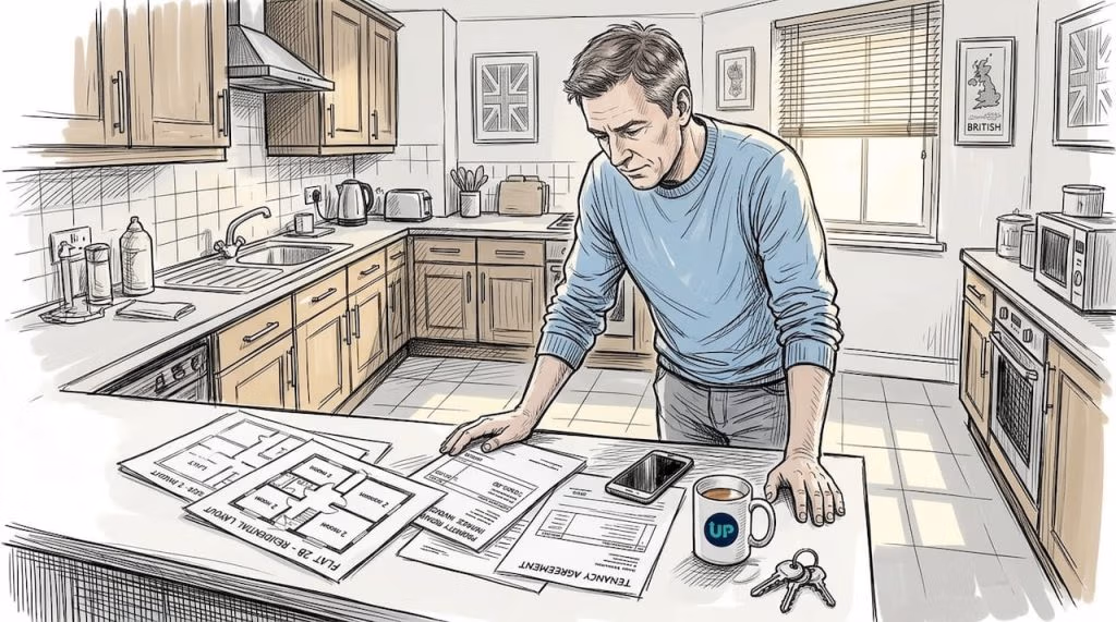 Landlord reviewing plans in apartment kitchen