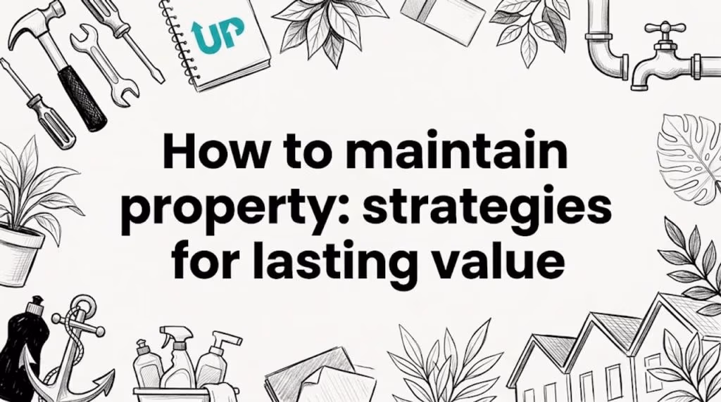 Hand-drawn property tools and buildings framing title card