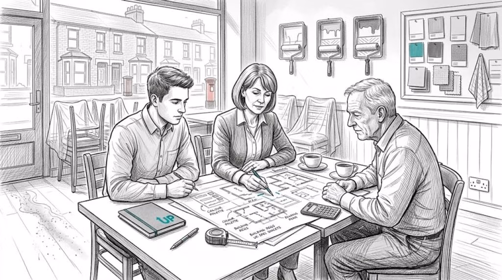 Owner, architect, contractor review renovation plans