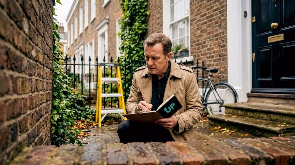 Property manager inspects London house exterior