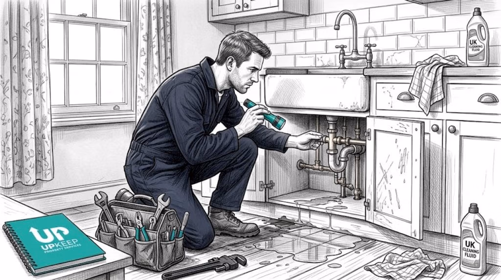 Plumber inspecting flooded kitchen pipes