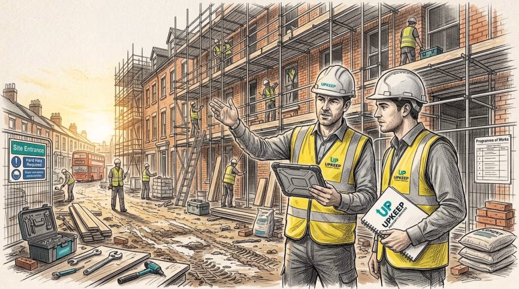 Project manager reviewing UK building refurbishment site