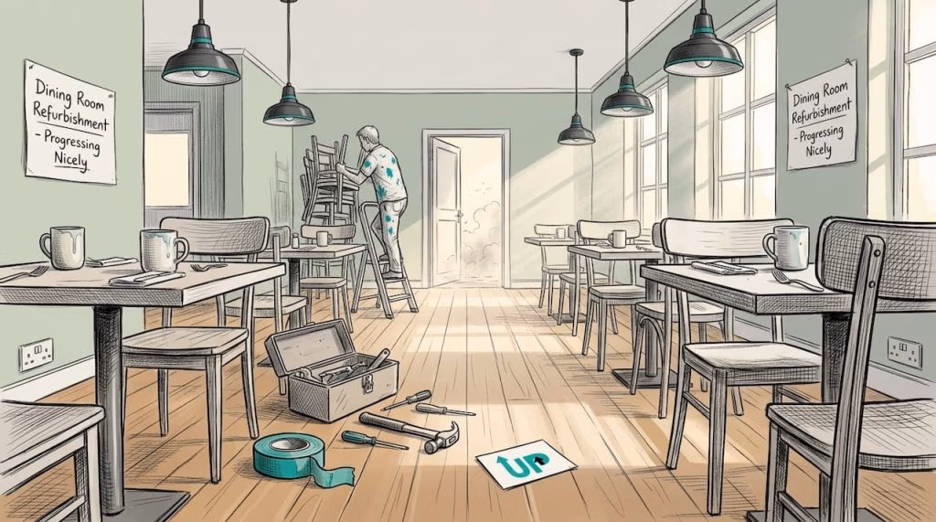 Restaurant interior during refurbishment process.