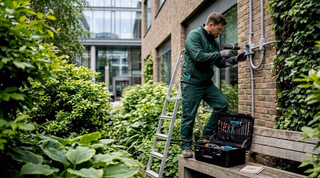 Maintenance worker on ladder fixing electrical panel