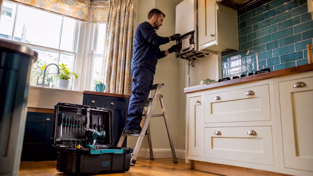 Handyman repairing boiler in London flat kitchen