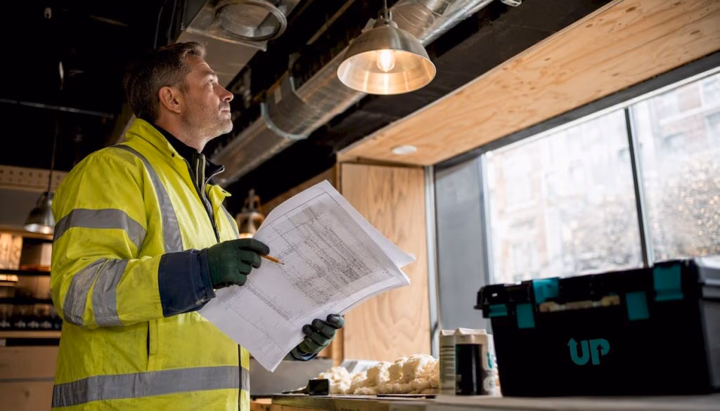 Construction manager inspecting restaurant ventilation system