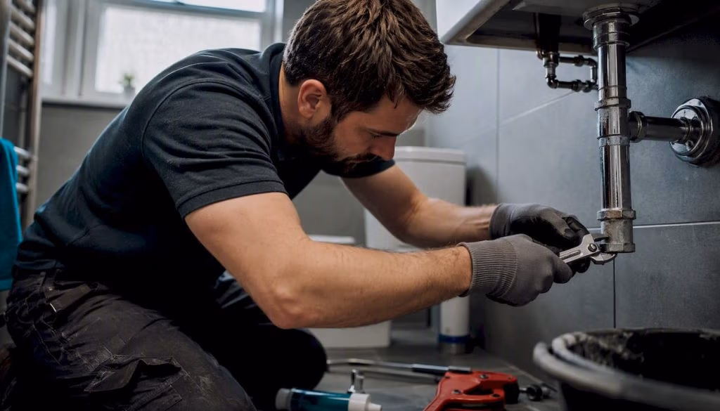 Plumber repairing pipe in boiler room