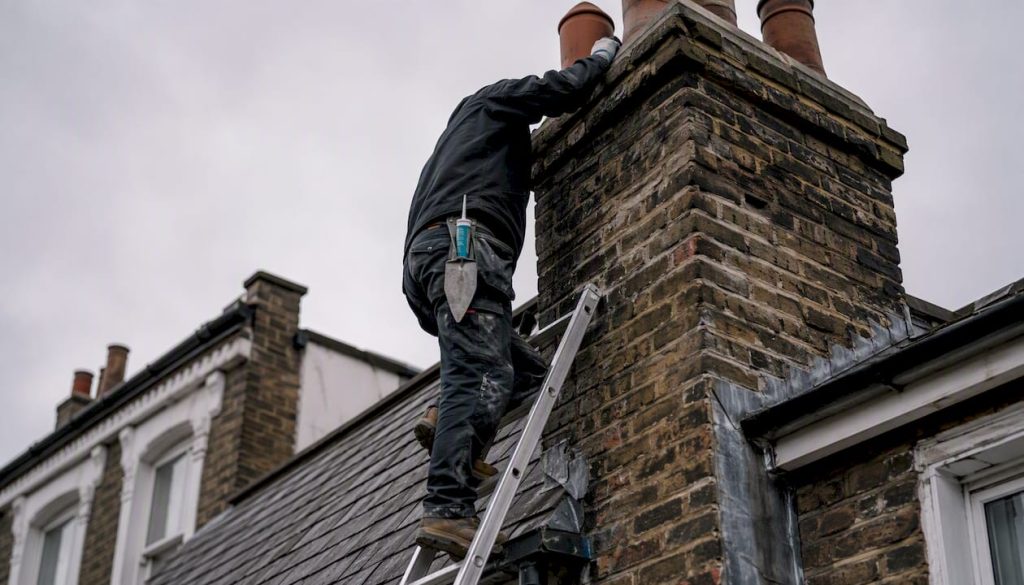 Tradesperson inspecting UK chimney on roof ladder