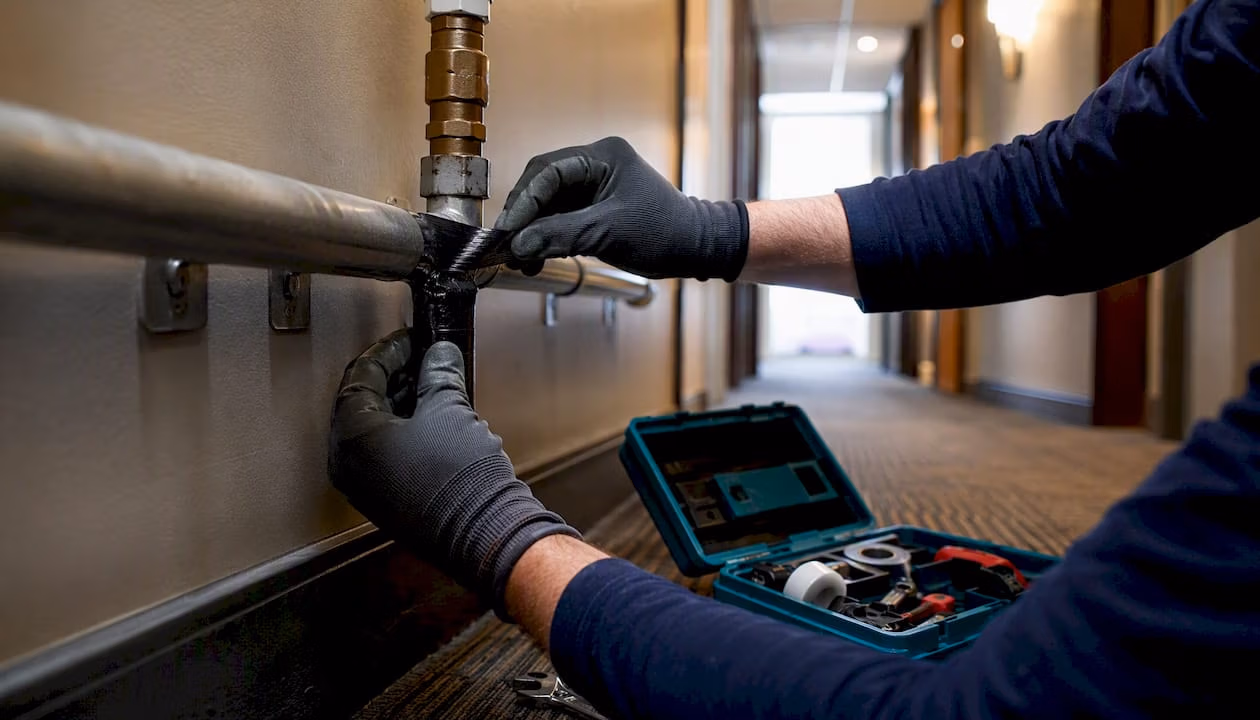 Hands using maintenance tools in service corridor