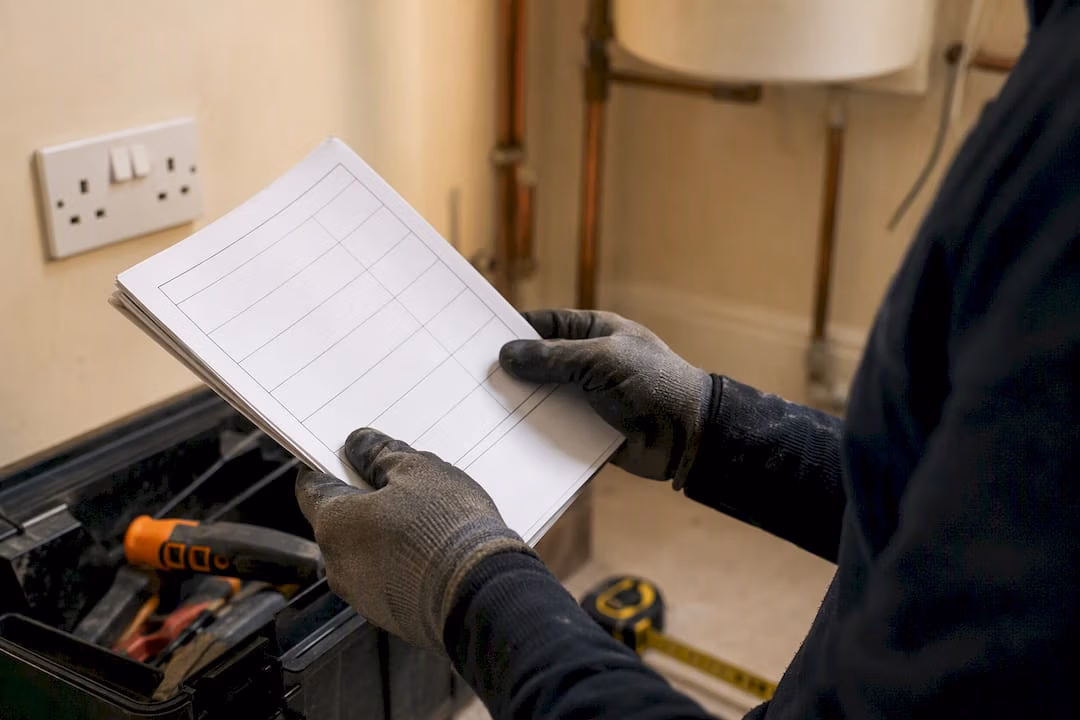 Hands holding contractor scoring sheet and toolkit