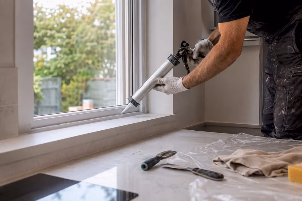 Tradesperson applying sealant on renovation site