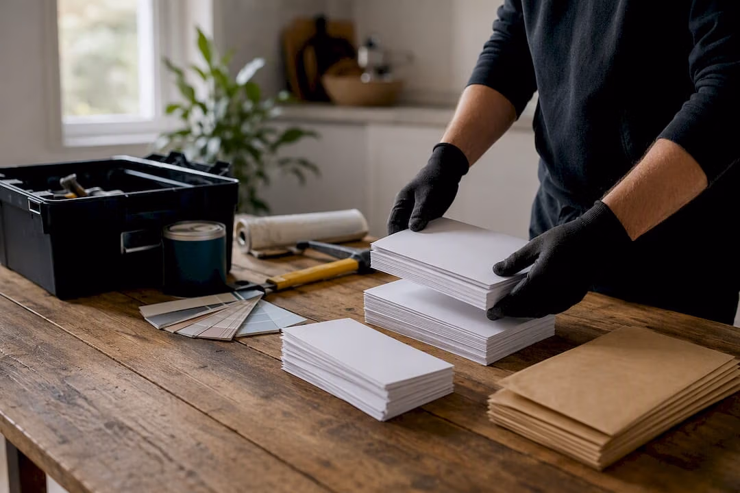 Hands sorting renovation certificates and documents