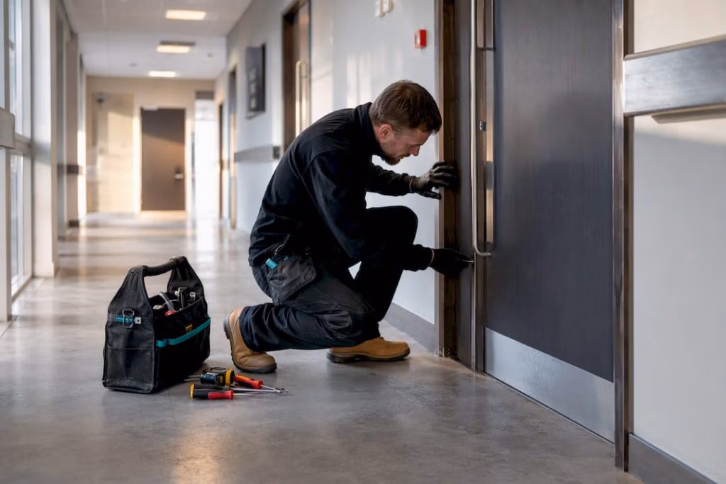 Tradesperson inspecting fire door in UK commercial corridor