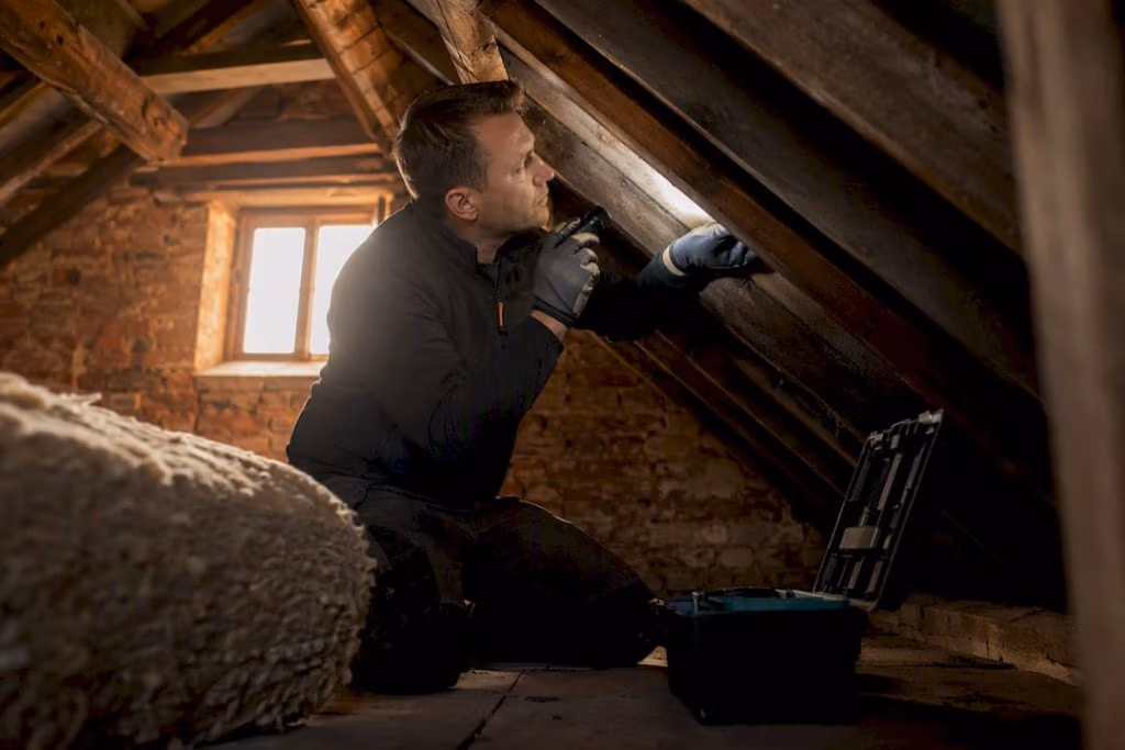 Worker inspecting concealed roof junction for defect