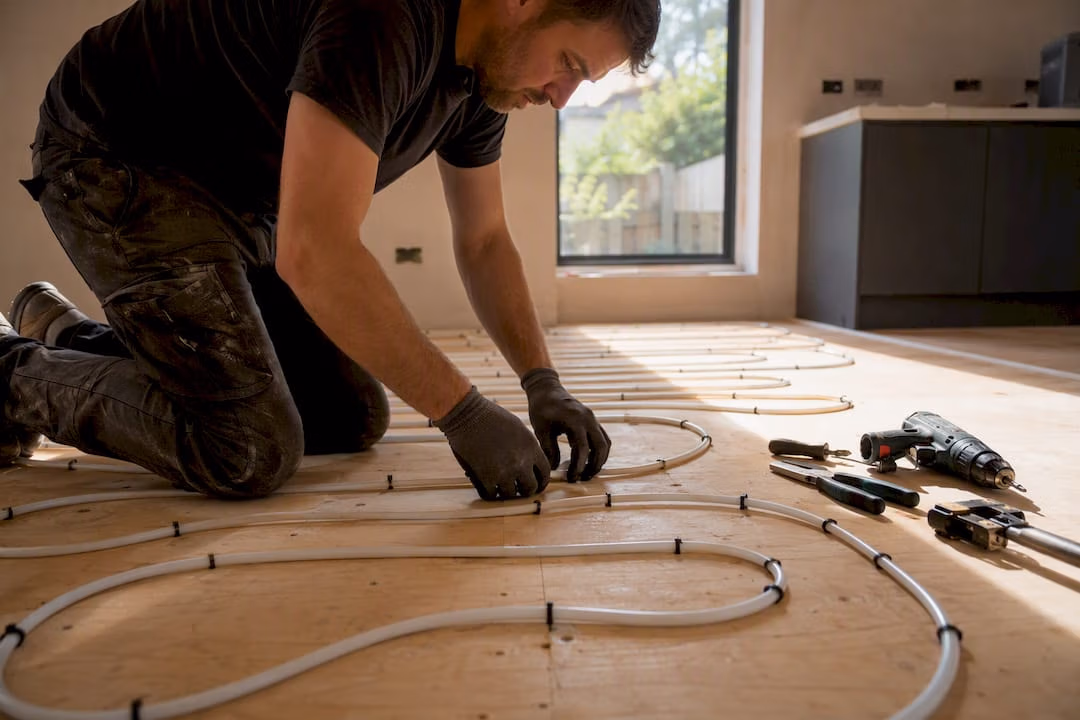 Hands installing underfloor heating pipes