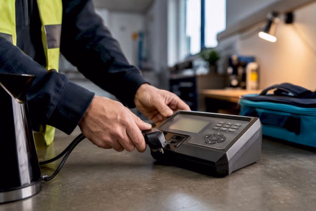 Technician testing a portable electrical appliance