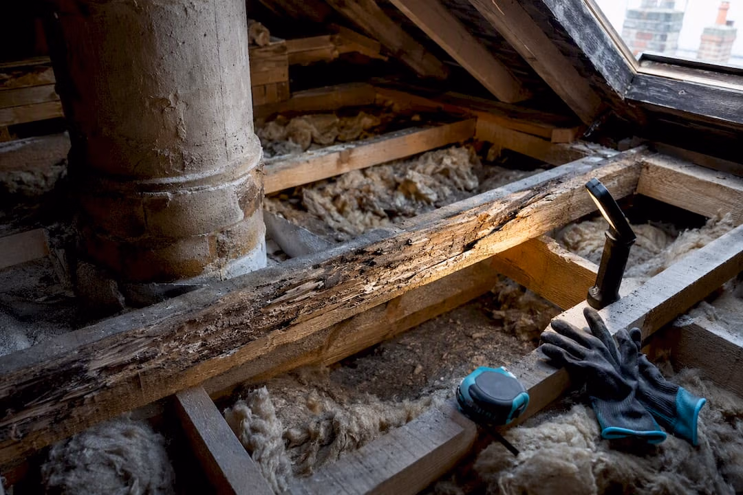 Exposed loft joists and old boiler flue