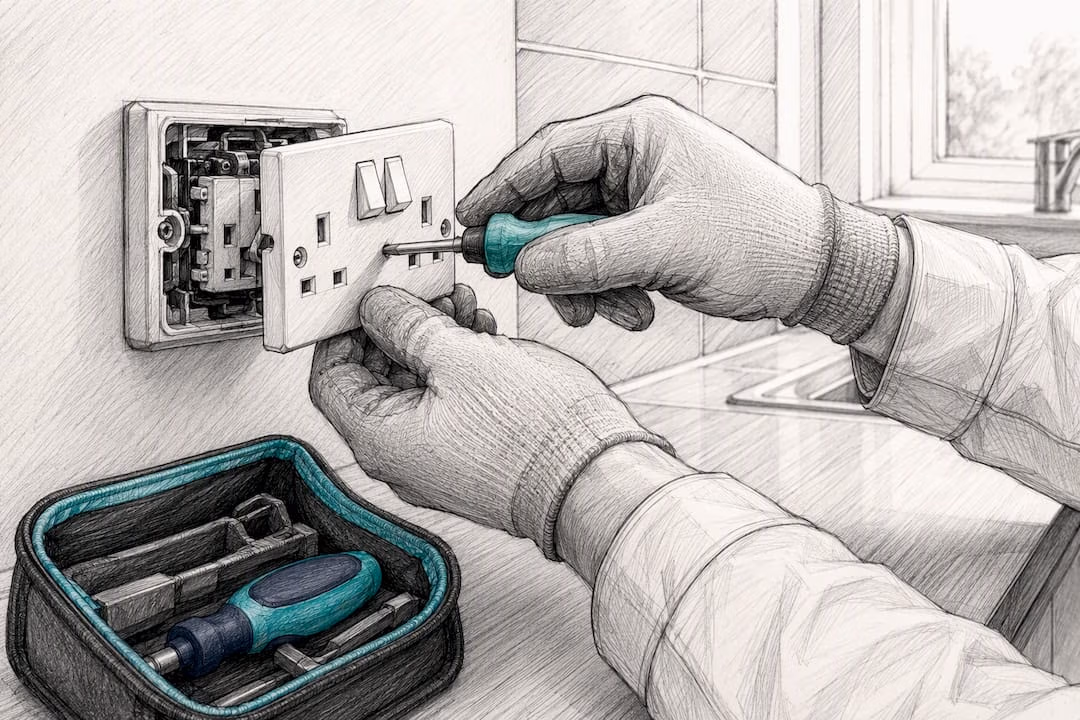 Electrician inspecting a British socket accessory