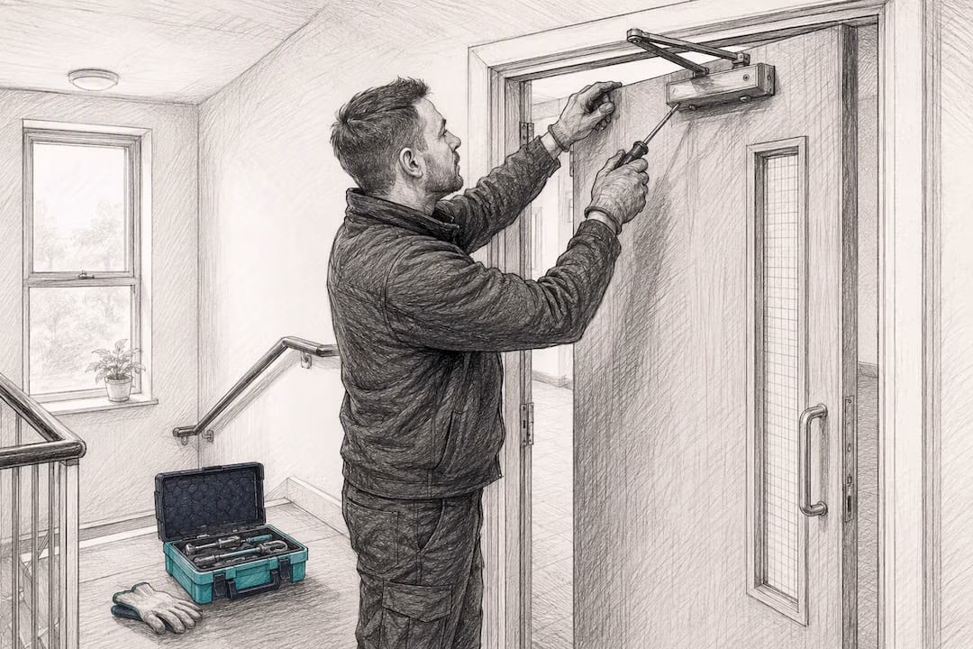 Technician adjusting communal fire door closer