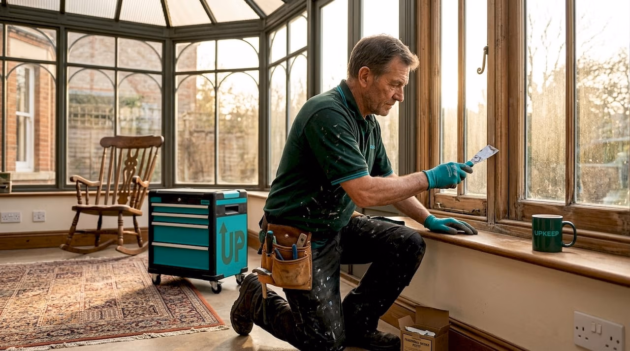 Restorer repairing Victorian sash window indoors