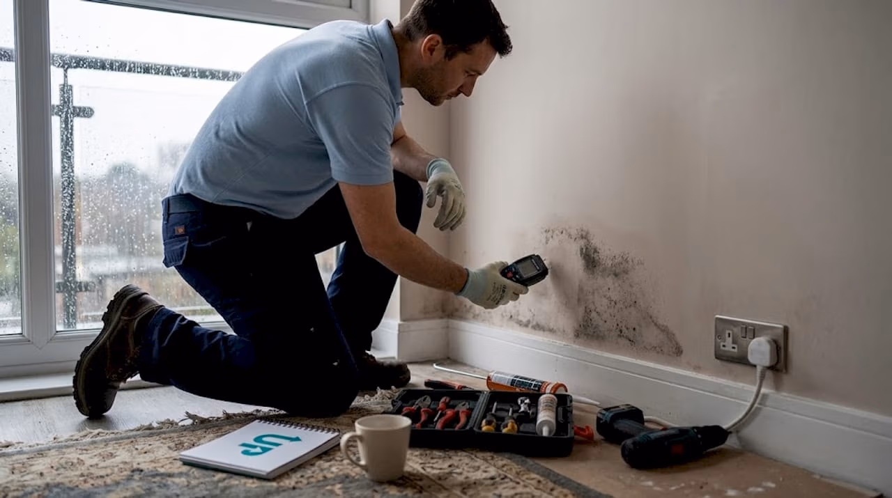 Worker checks damp with moisture metre in flat