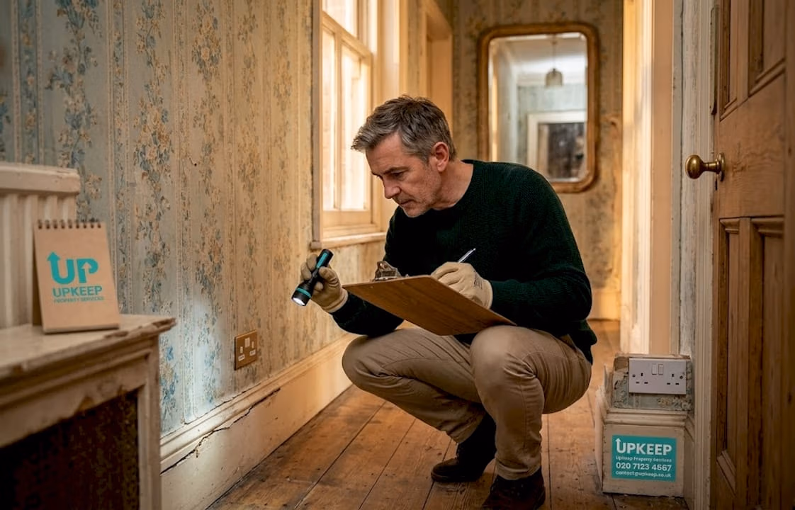 Inspector noting repair priorities in hallway