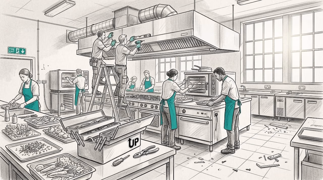 Commercial kitchen undergoing refurbishment work.