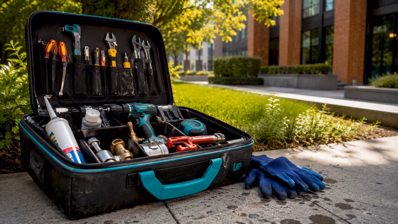 Open HVAC maintenance toolkit in commercial corridor