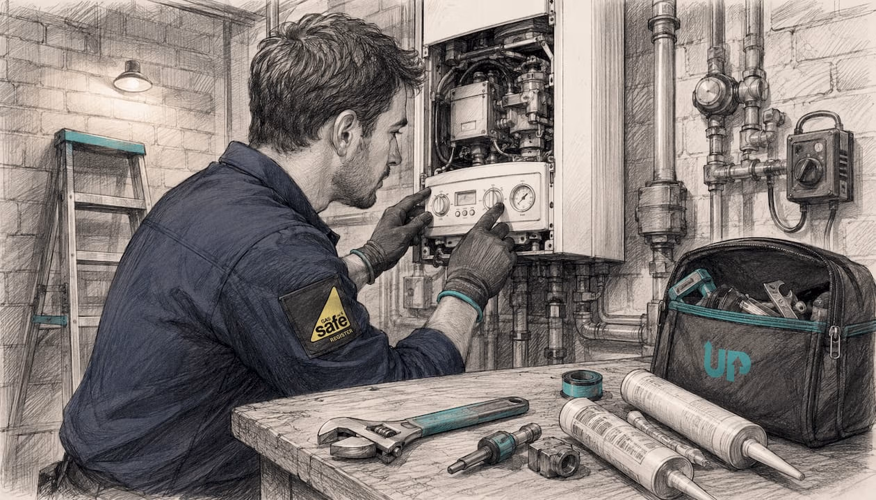 Gas Safe engineer inspecting boiler in plant room