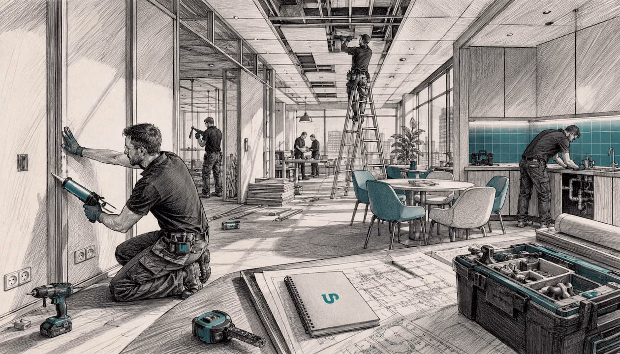 Workers using tools in London office fit out