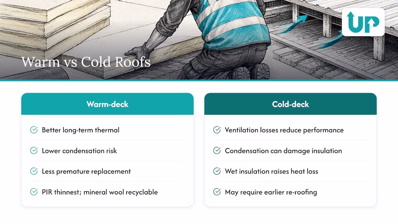 Environmental impact and sustainability comparison between warm and cold roof systems — overview diagram