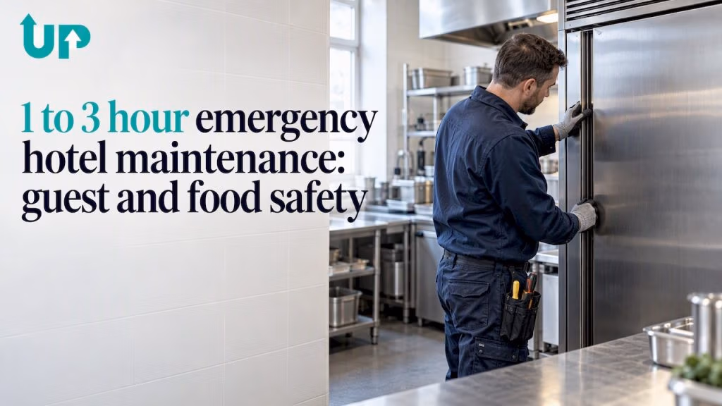 Engineer checking hotel kitchen refrigeration unit