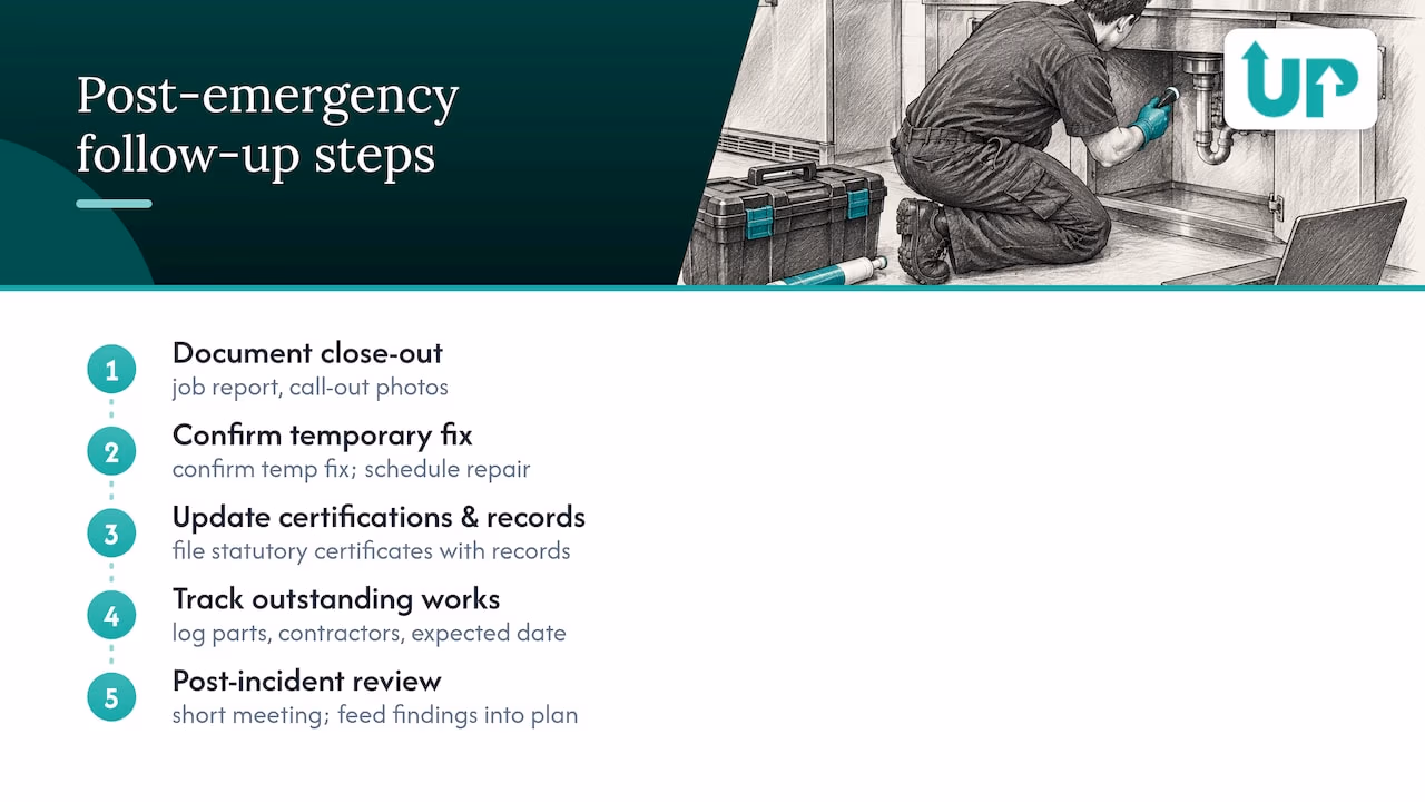 Post-emergency follow-up procedures including documentation and permanent repairs — overview diagram