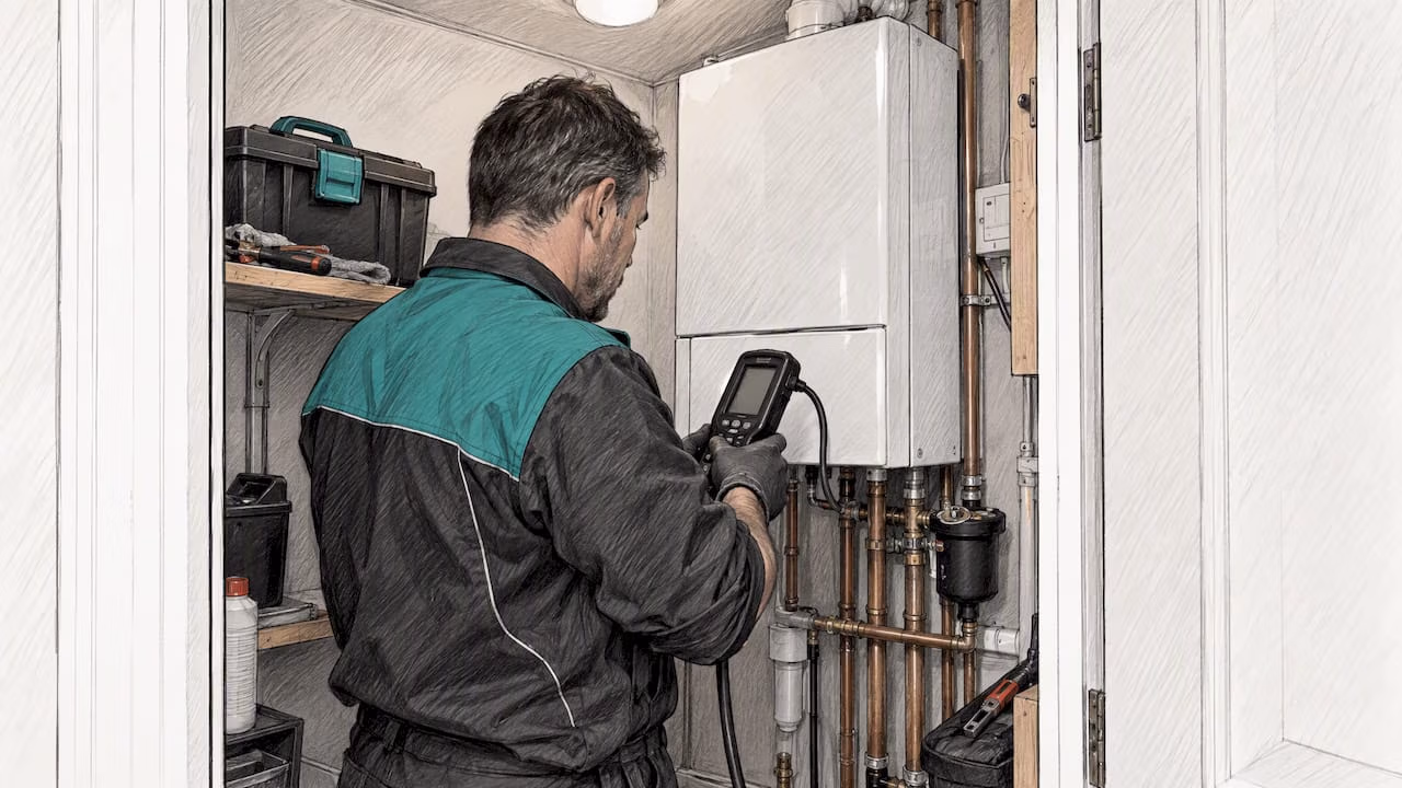 Gas engineer checking a rental property boiler