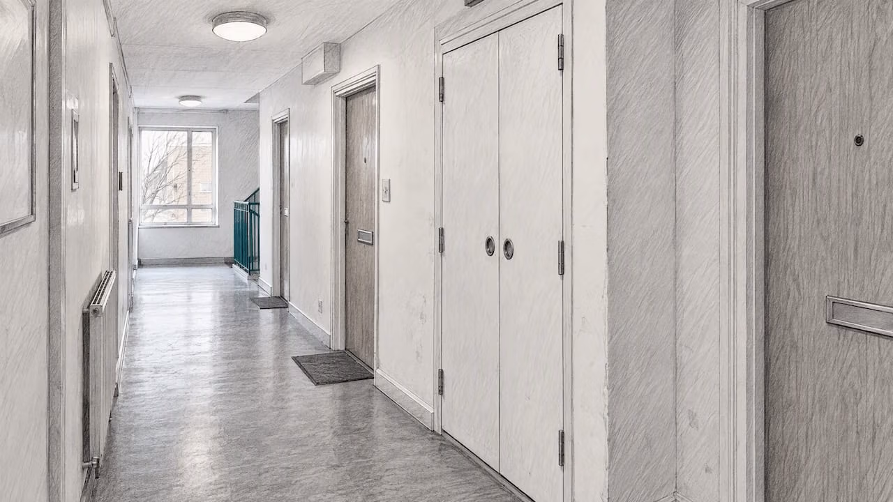 Shared corridor and riser cupboard in a London block