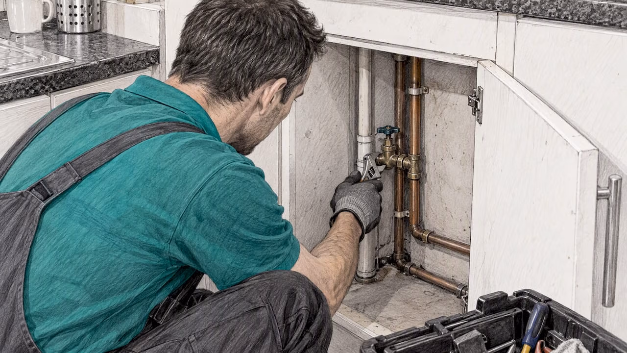 Engineer checking a stopcock in a rental flat